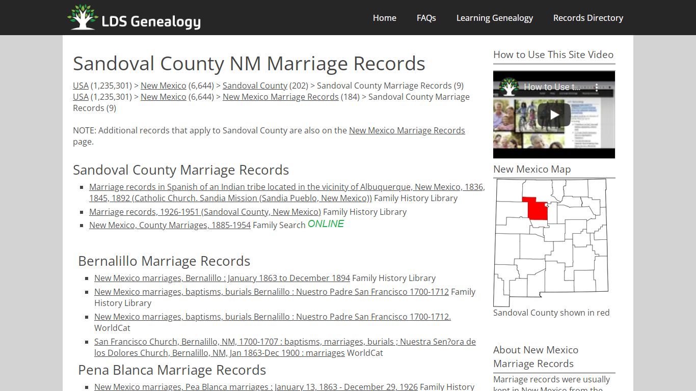 Sandoval County NM Marriage Records - LDS Genealogy