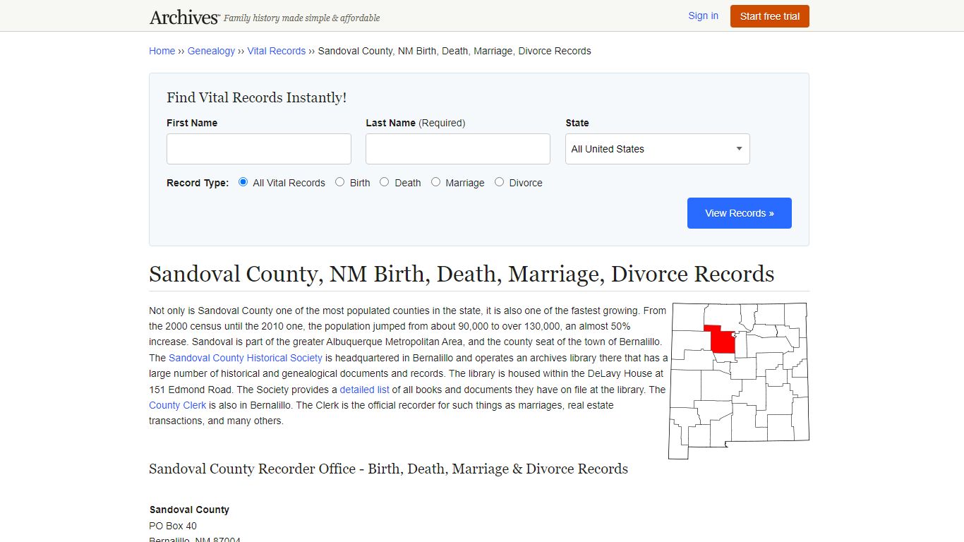 Sandoval County, NM Birth, Death, Marriage, Divorce Records